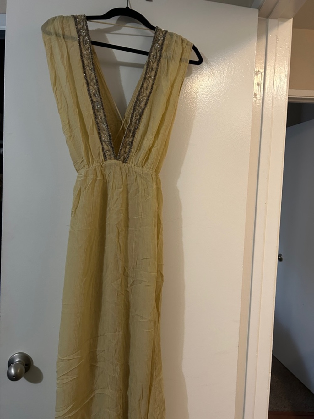 Zara Pale Yellow V-Neck Maxi with Beaded Trim